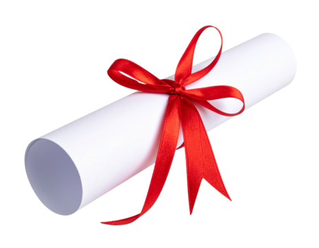 Rolled diploma certificate tied with red ribbon from graduation, isolated on white background