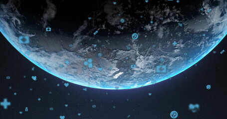 Displaying 3D Earth globe rotating at space horizon, with blue health and tech icons floating