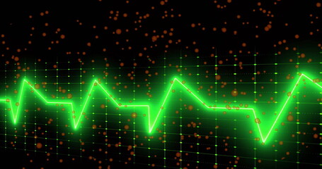 Pulsing neon green waveform line moving across dark digital grid, with floating orange particles