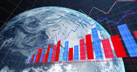 Displaying Earth spinning in orbit, showing bar charts, line graph and wireframe grid