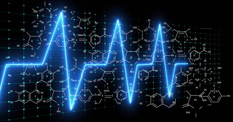 Displaying neon-blue ECG waveform pulsing on virtual laboratory interface, with chemical structures