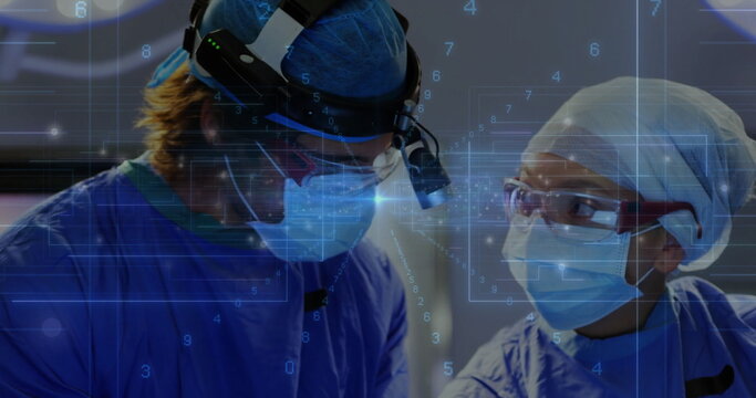 Working surgeons wearing masks and gowns, examining patient in operating room, with digital overlay
