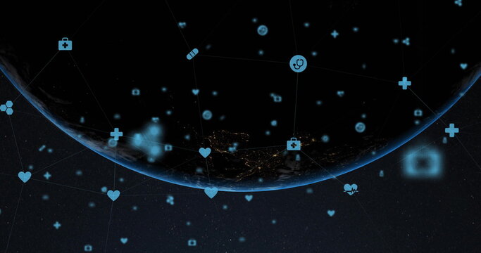 Naklejki Displaying Earth's curved horizon glowing with city lights in space, with blue medical data icons