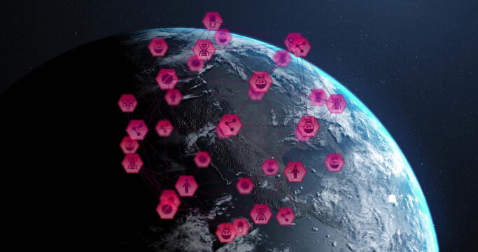 Naklejki Displaying planet Earth rotating in space, with pink hexagonal data icons and glowing network lines