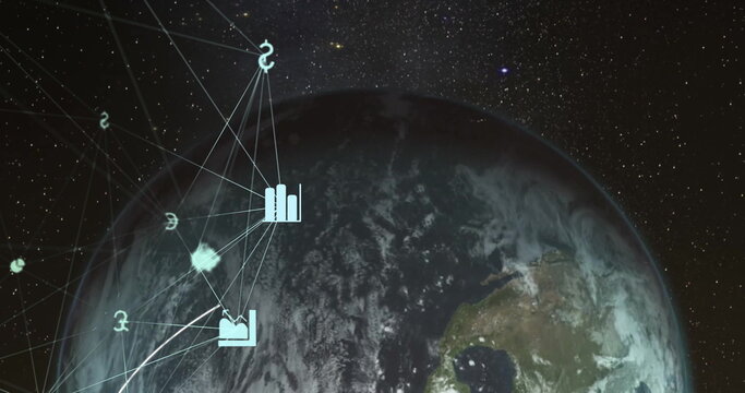 Naklejki Planet Earth spinning in space, white network lines linking to turquoise currency, chart, bed icons
