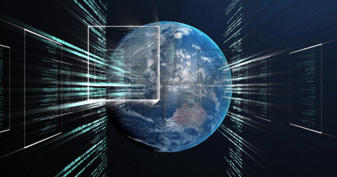 Naklejki Floating Earth globe streaming green digital code in outer space, with rectangular UI frames