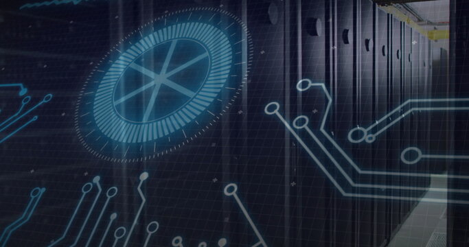 Showing server racks lining data center corridor, with grid overlay, circuit trace, HUD, copy space