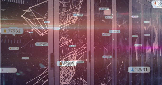 Displaying server rack emitting wireframe data in server corridor, with floating labels and LEDs