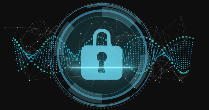 Digital padlock icon glowing in circular HUD on security interface, with node-link graphs waveforms