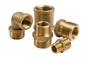 Collection of Brass Plumbing Fittings and Connectors, Showcasing Threaded Components for Fluid Systems