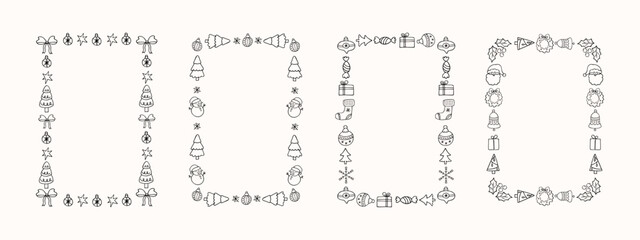 Set of black and white Christmas doodle frames with holiday elements like snowmen, trees and stars for greeting card.