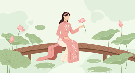 Elegant Woman In Pink Áo Dài Dress Sits Among Lotus Plants On Bridge