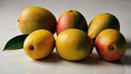 Juicy ripe mangoes with peeled golden slices and fresh green leaves on a clean white background, vibrant still life with soft light and rich textures, ideal for tropical fruit ads or food packaging.