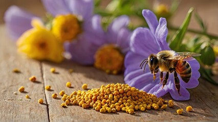 Golden bee pollen artfully arranged on wooden table, backed by a lush flowering summer field, illuminated with soft light to evoke warmth, freshness, and the richness of nature’s harvest.