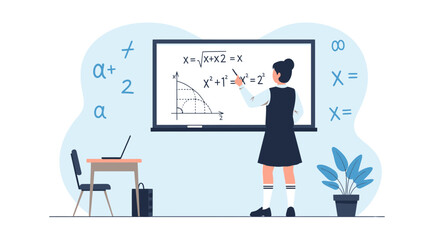 Obraz premium Female Teacher Explaining Mathematical Problems On Whiteboard In Classroom