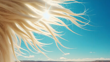 Fototapeta premium Blonde hair blowing in the wind against a bright blue sky with sun flare.