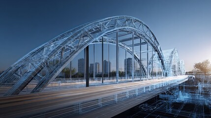 Fototapeta premium A futuristic wireframe representation of a bridge with a clear blue sky backdrop, illustrating modern architectural design.