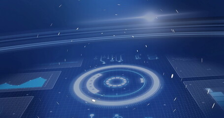 Displaying central circular HUD in tech control hub, with glowing particles and line and bar charts