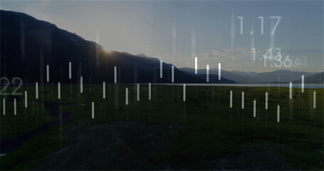 Naklejka premium Showcasing grassy meadow, lake in mountain valley at dusk, with white chart bars and numeric info
