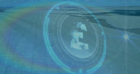 Displaying circular HUD element hovering in geospatial interface above planet grid, with lens flare