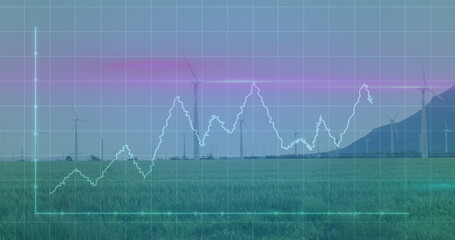 Showcasing white wind turbine standing in wind farm with translucent grid and colored line graph