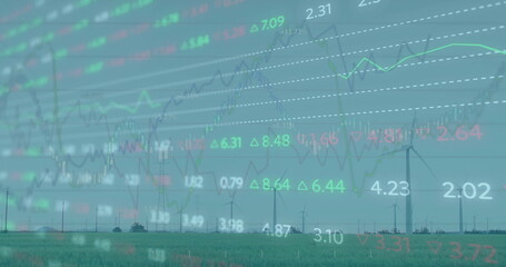 Stretching wind turbines across grassland, showing financial line graphs and colored up or down arro