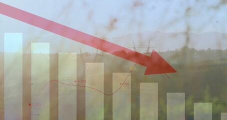 Displaying red downward arrow overlaying rural grassland, with bars, red line graph, power towers