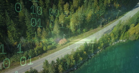 Driving dark car navigating two-lane road beside forested shoreline, with utility poles power lines
