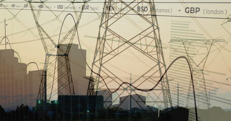 Displaying steel lattice towers overlaying city skyline at dusk, showing charts and currency codes