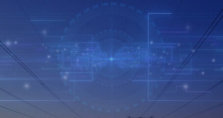 Displaying futuristic HUD interface floating above power lines at twilight, glowing nodes, towers