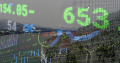 Displaying overlaid stock graphs with green digits and multicolor line, bar charts on mountain lake