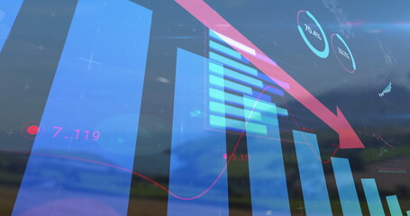 Displaying dashboard overlaying rural field horizon, with bar line charts, arrow, values, circles