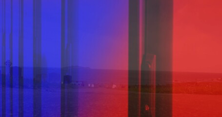 Showing smartphone backside silhouette hovering over coastal plain, with colored glitch bars