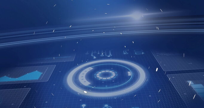 Displaying central circular HUD in tech control hub, with glowing particles and line and bar charts