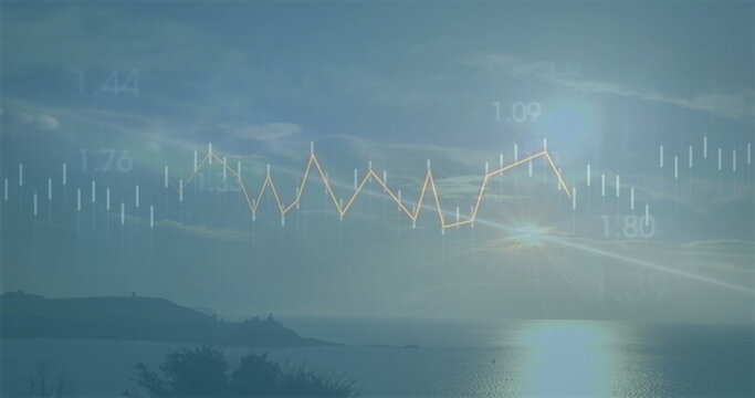 Displaying chart overlay over sunrise sea showing yellow line graph, candlesticks, numeric labels