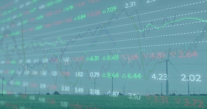 Stretching wind turbines across grassland, showing financial line graphs and colored up or down arro