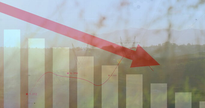 Displaying red downward arrow overlaying rural grassland, with bars, red line graph, power towers
