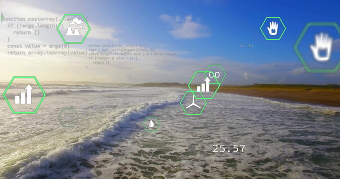Breaking ocean wave rolling toward coastal shore, with green hexagonal data icons and code snippets
