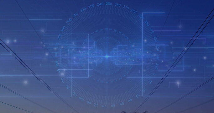 Displaying futuristic HUD interface floating above power lines at twilight, glowing nodes, towers