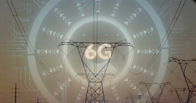 Displaying central transmission tower showing 6G digital overlay over rural power lines at dusk
