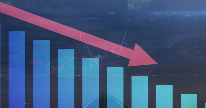 Displaying bar chart descending on dark blue backdrop, with grid overlay, red arrow and trend line - Powered by Adobe