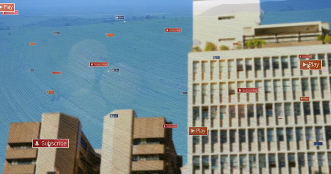 Fototapeta Displaying floating Subscribe and Play UI icons over two modern office towers amid farmland hills