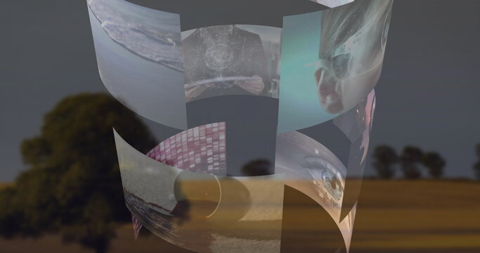 Fototapeta Hovering curved holographic panels spiraling above countryside, with ocean, cells, eye, child face