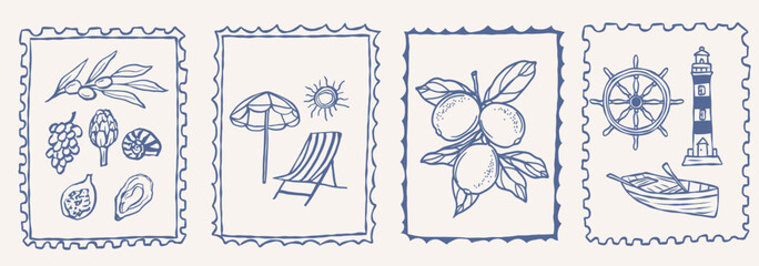 Vintage Italian postcard stamp collection. Retro poster, frame or border design