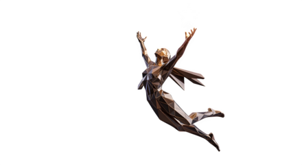 Low-poly 3D character of superhero in flying pose, polygonal digital art, isolated on white background