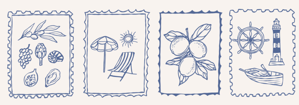 Vintage Italian postcard stamp collection. Retro poster, frame or border design