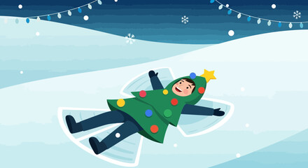 Festive Fun: Cheerful Boy Making Snow Angel Dressed As A Christmas Tree