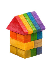 Colorful wooden toy house made of blocks, isolated on transparent background