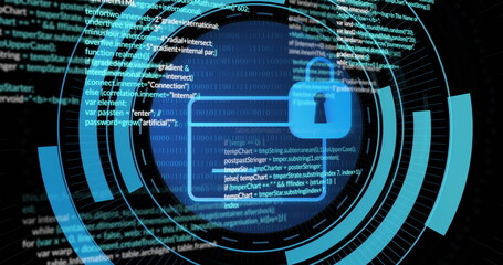 Glowing blue padlock icon floating in HUD circles on digital interface, with code and binary digits