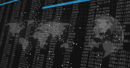 Presenting dotted world map overlay with thin blue line on command center screen, with data columns